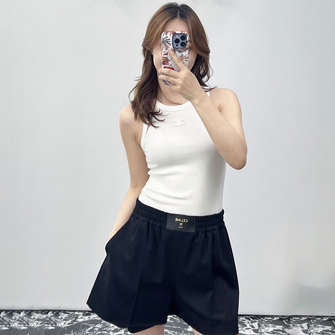 celine triomphe embroidery ribbed knit halter tank top